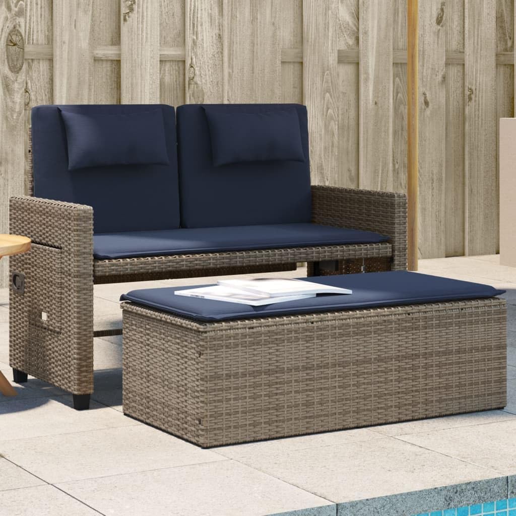Garden Bench Grey PE Rattan Medium Adjustable Armrests,Reclining Garden Bench with Comfortable Cushions Outdoor Sofa Bed for Two Patio Furniture