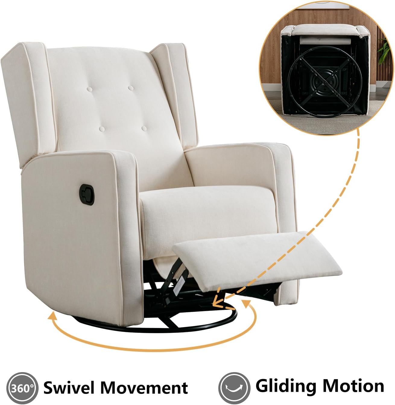 CANMOV Swivel Rocker Recliner Chair, Nursery Glider Chair, Nursery Rocking Chairs, Manual Reclining Chair, White