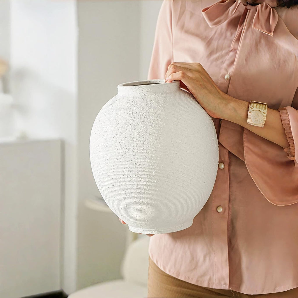 White Ceramic Vase, 9.8" Large, Round, Sandstone White | Farmhouse Style, Hand-Made Textured, Minimalist Design, Home Decor