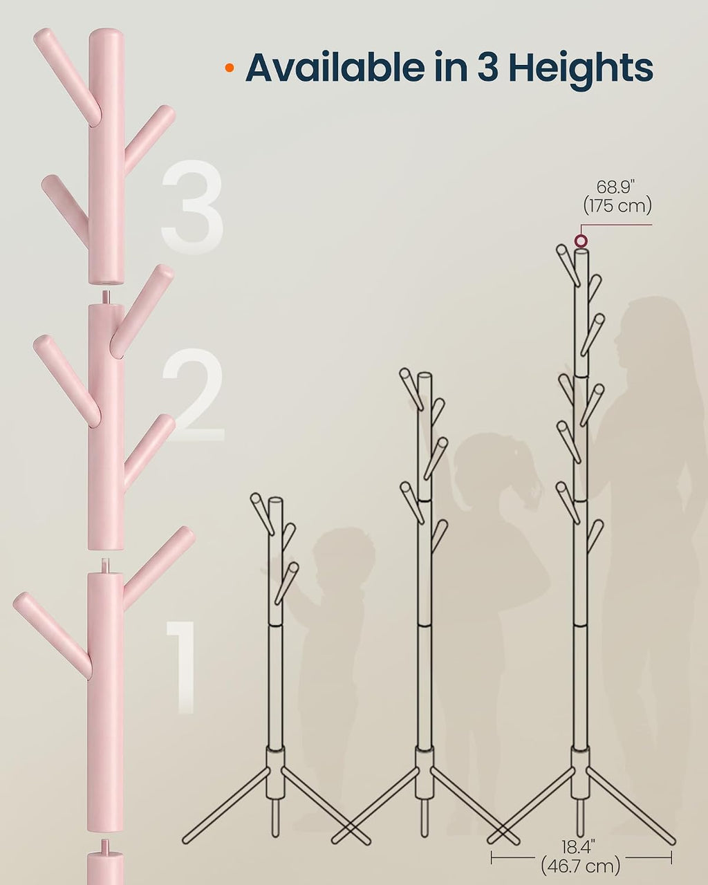SONGMICS HOME Freestanding Coat Rack, Solid Wood, 8 Hooks, for Living Room, Bedroom, Home Office, 18.4 x 16.1 x 68.9 Inches, Pink