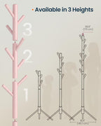 SONGMICS HOME Freestanding Coat Rack, Solid Wood, 8 Hooks, for Living Room, Bedroom, Home Office, 18.4 x 16.1 x 68.9 Inches, Pink