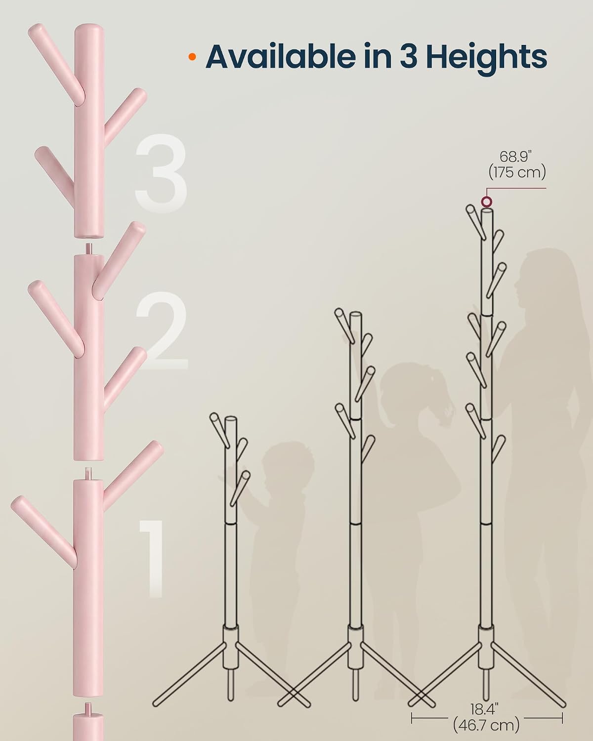 SONGMICS HOME Freestanding Coat Rack, Solid Wood, 8 Hooks, for Living Room, Bedroom, Home Office, 18.4 x 16.1 x 68.9 Inches, Pink