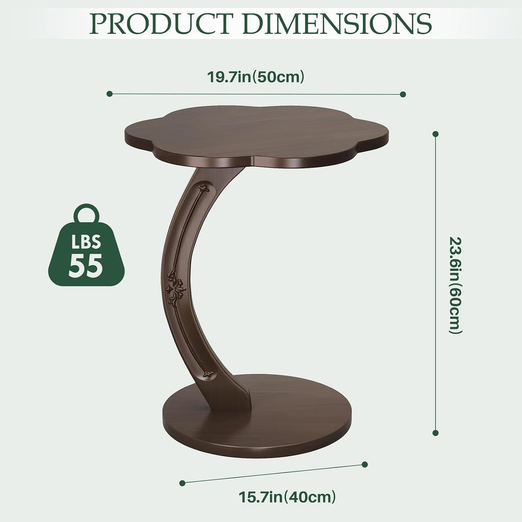 C-Shaped End Table for Couch - Round Small C Side Table, Flower Handmade Wood Sofa Couch Tables That Slide Under Bedside, Saving Space Wooden Tray for Living Room, Small Space, (Dark Walnut)