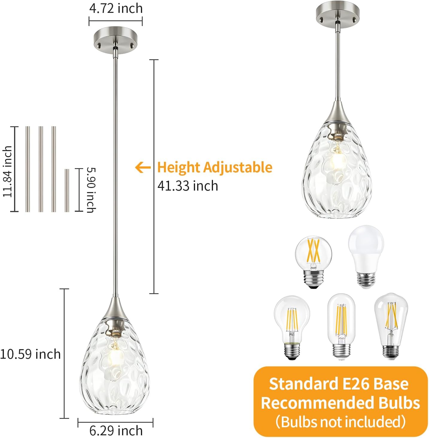 TOULMJ Brushed Nickel Pendant Light Kitchen Island, Modern Hammered Glass Kitchen Lighting Over Island Hanging Bathroom Light Fixtures Adjustable for Hallway Entryway Dining Room
