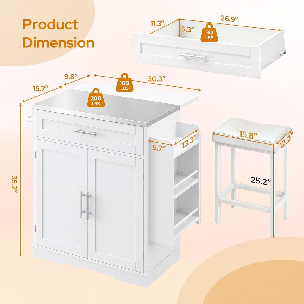 Concho 41'' Kitchen Island with Seating and Stainless Steel Countertop, Rolling Kitchen Carts on Wheels with Folding Drop Leaf, Bar Stool, Power Outlet, Spice/Towel Rack, Storage Cabinets, Walnut