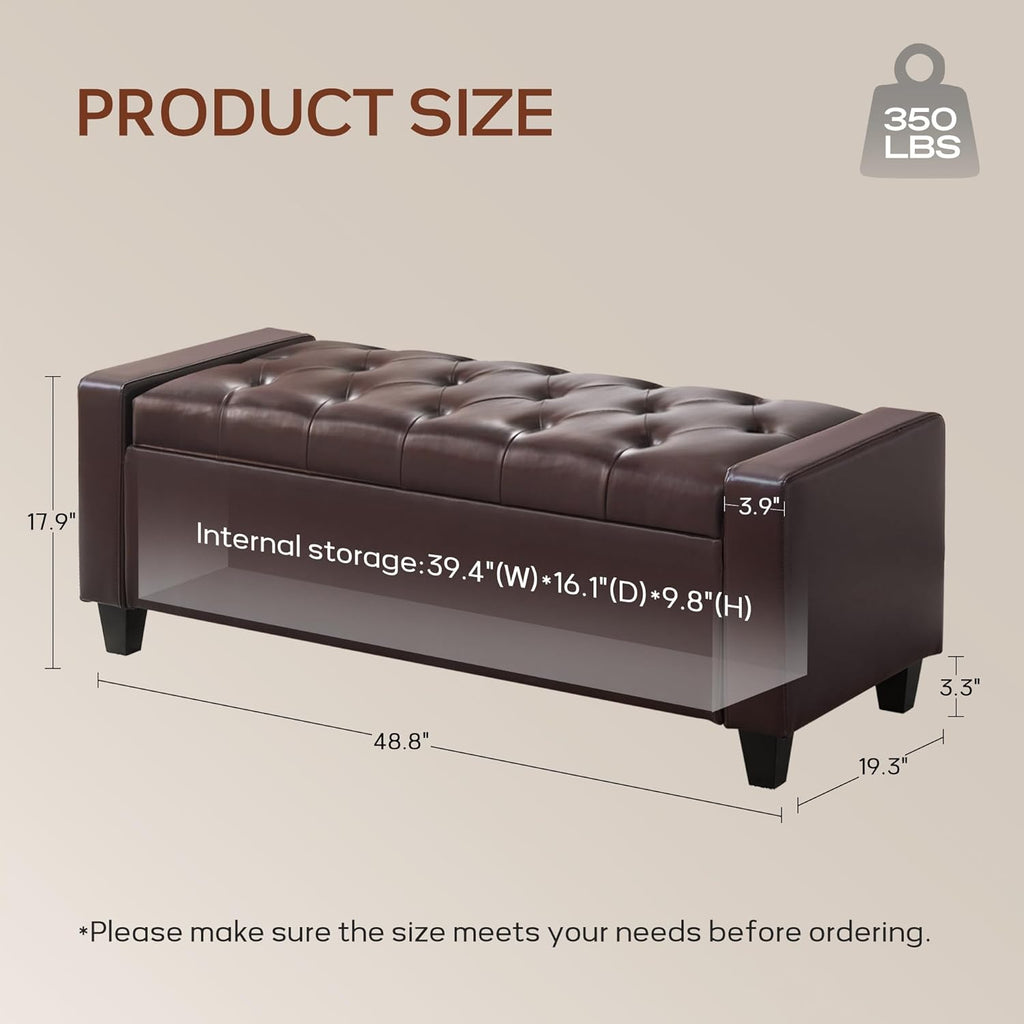 Zihanhome Ottoman with Storage，Storage Ottoman Bench, Faux Leather Storage Bench for Bedroom with Safety Hinge，Bedroom Benches with Seating for Living Room, Entryway (Dark Brown-PU)