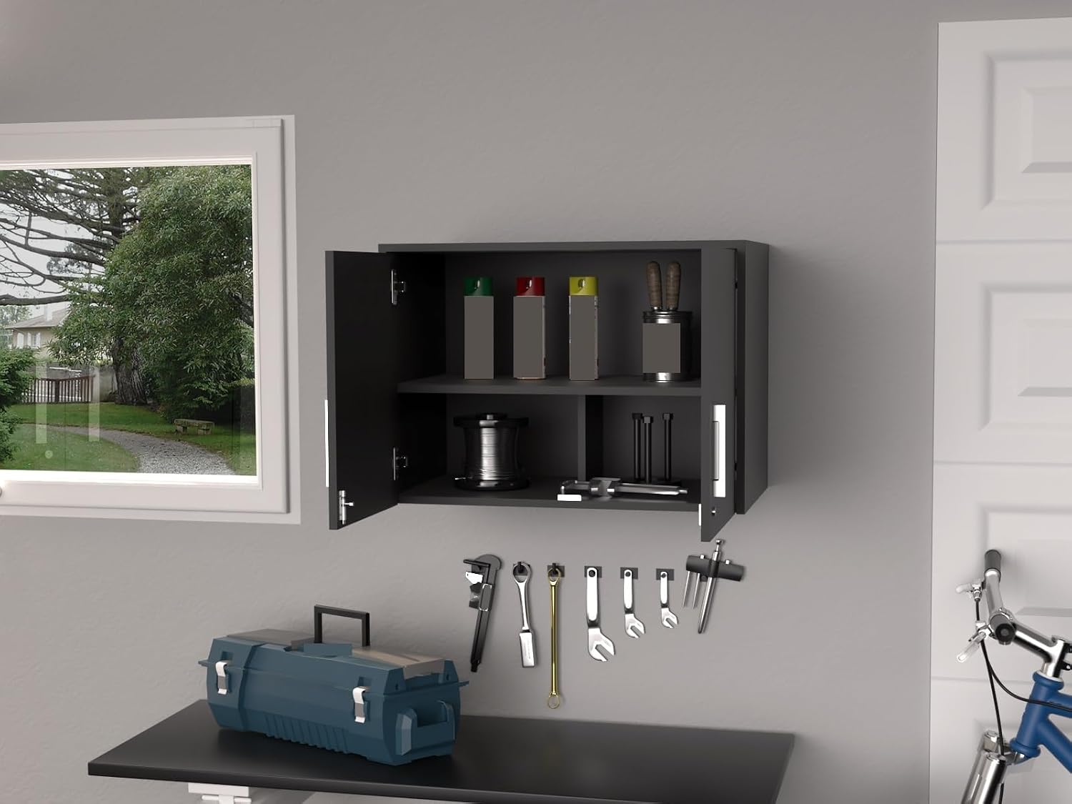 Farmhouse Pantry Storage Cabinet, Wall Cabinet Double Door, Three Internal Shelves,for Kitchen Home
