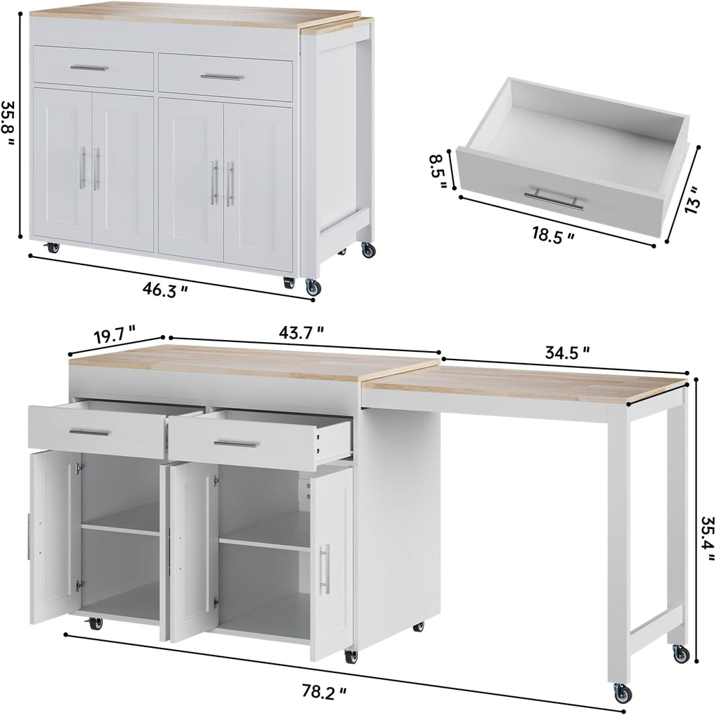 OtterOasis 78" Rolling Kitchen Island with Extendable Dining Table, Mobile Island with Storage for 2, Farmhouse Wood 4-Door Cabinet for Kitchen & Dining Room, White