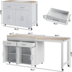OtterOasis 78" Rolling Kitchen Island with Extendable Dining Table, Mobile Island with Storage for 2, Farmhouse Wood 4-Door Cabinet for Kitchen & Dining Room, White