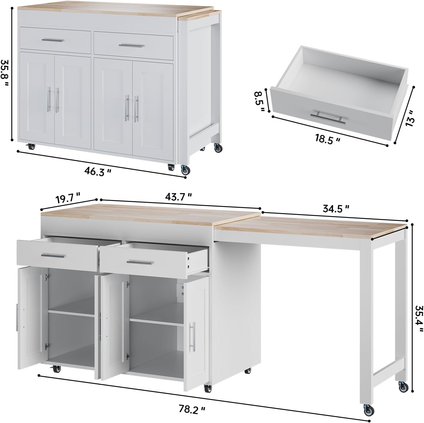 OtterOasis 78" Rolling Kitchen Island with Extendable Dining Table, Mobile Island with Storage for 2, Farmhouse Wood 4-Door Cabinet for Kitchen & Dining Room, White