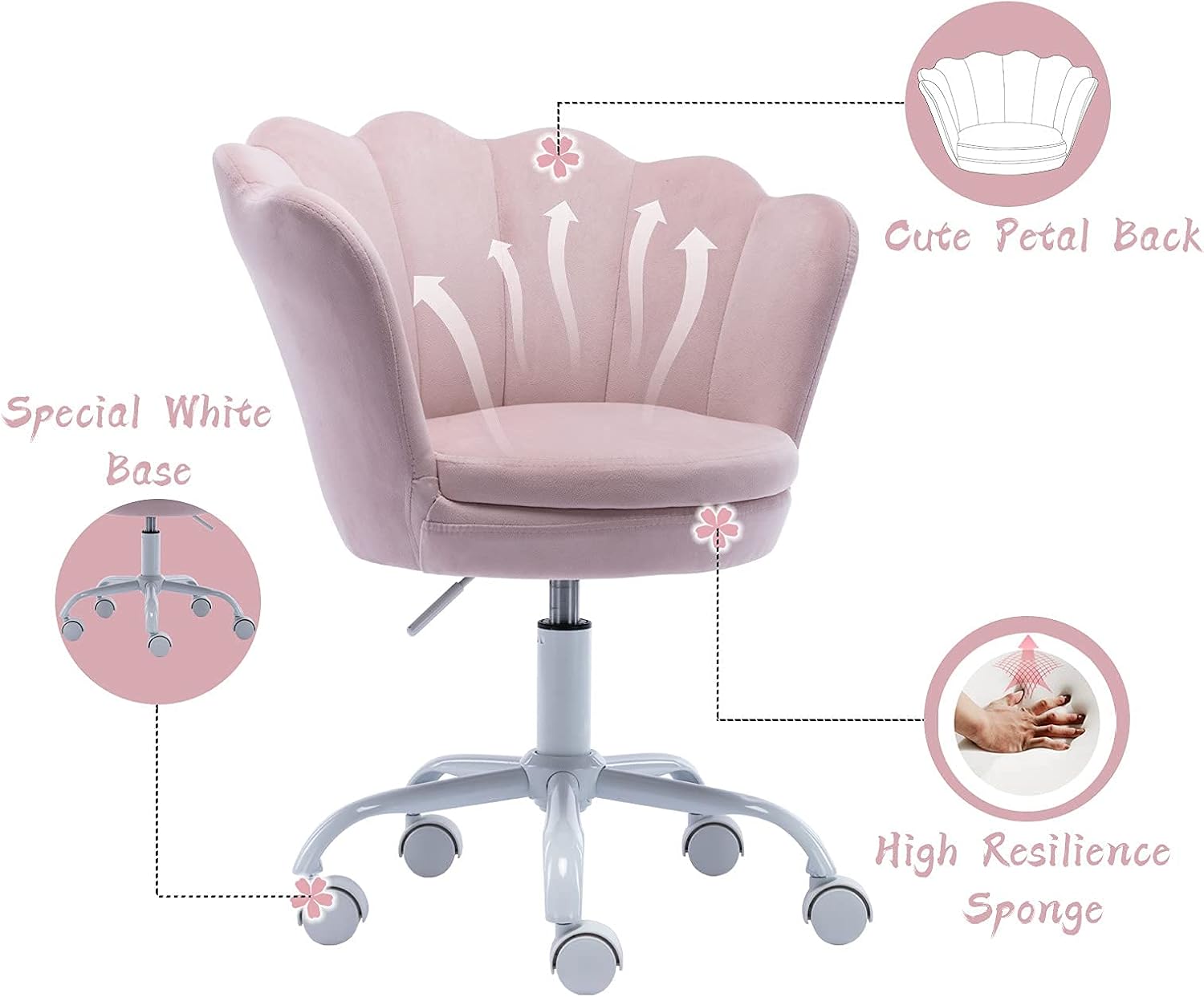 chairus Cute Kids Desk Chair Velvet Living Room Accent Armchair Upholstered Teens Vanity Chair with Seashell Back, Adjustable Swivel Children Study Chair for Computer Homework, Pink