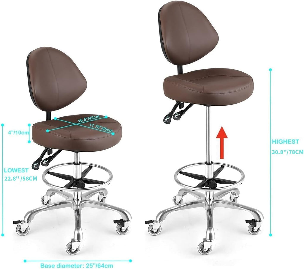 Rolling Drafting Chair with Back Support - Tall Office Chair for Standing Desk Adjustable Foot Ring Swivel Rolling Stools for Workshop Art Studio Salon Shop Counter Home Office (Brown)