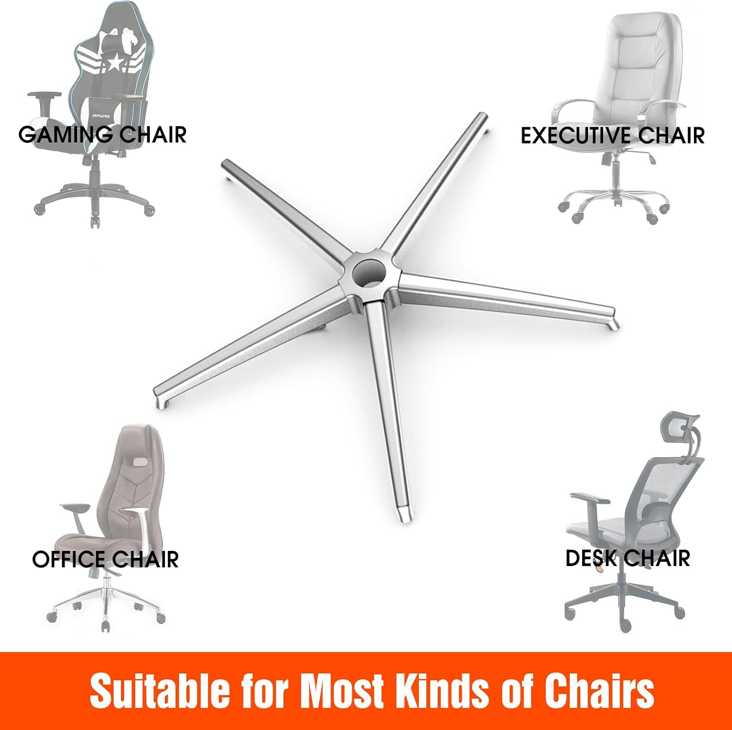Office Chair Base Replacement (3300 lbs) - Heavy Duty Alloy Office Chair Base Replacement, Reinforced Metal Legs, Universal Cylinder and Caster Sockets(Silver)