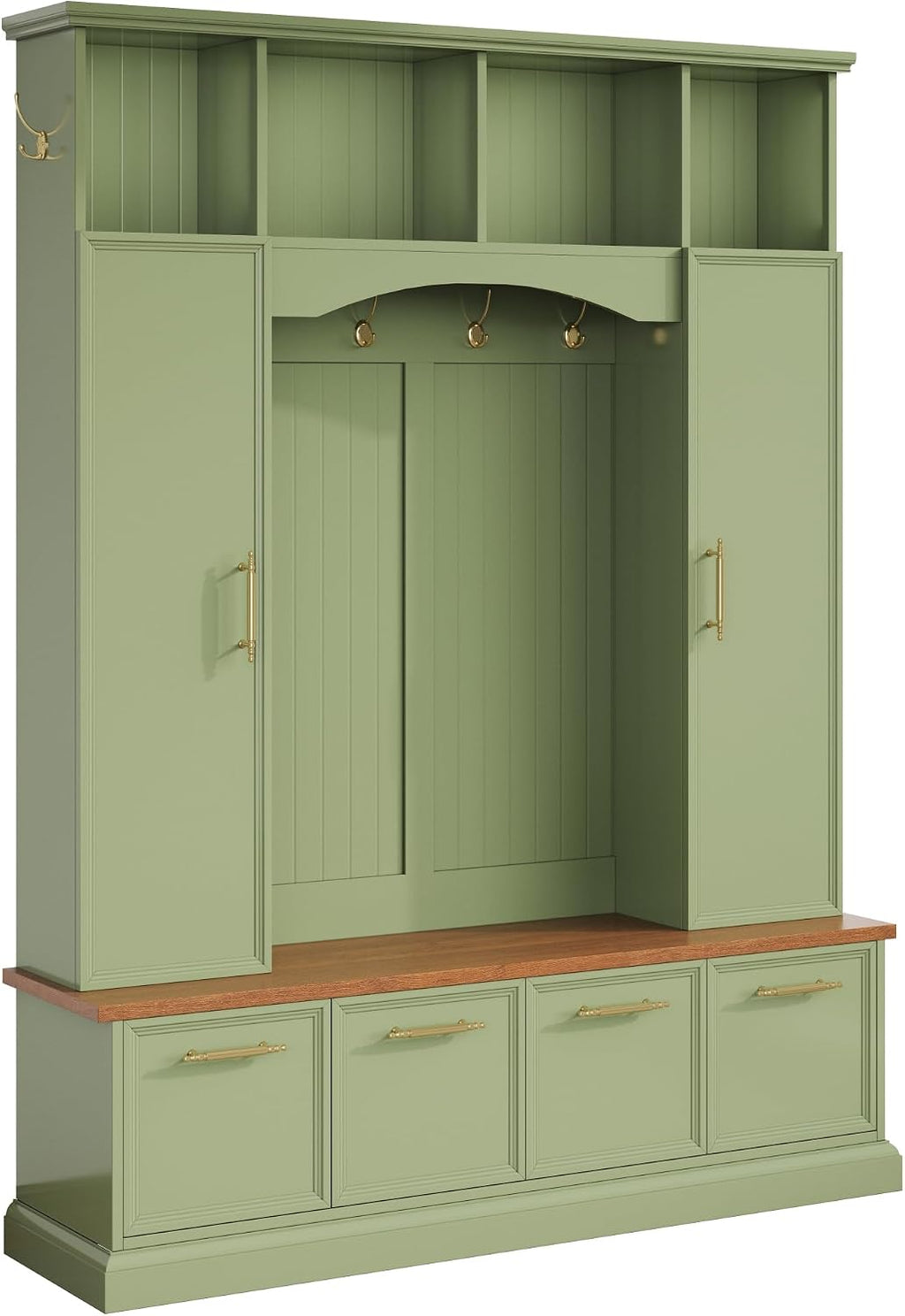 LUMISOL 4-in-1 Hall Tree with Golden Hooks & Handles, Entryway Bench with Adjustable Shelves, 76.7”H Farmhouse Style Coat & Shoe Rack for Mudroom, Green