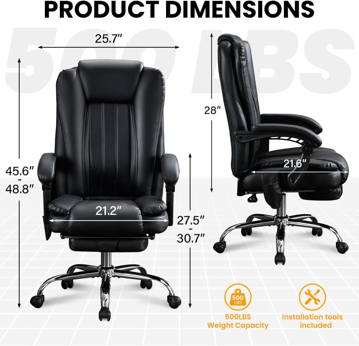 6 Points Vibration & Heat Massage Office Chair with Foot Rest,500lbs Big and Tall Office Chairs,Ergonomic Reclining Desk Chair for Home Office,Gaming