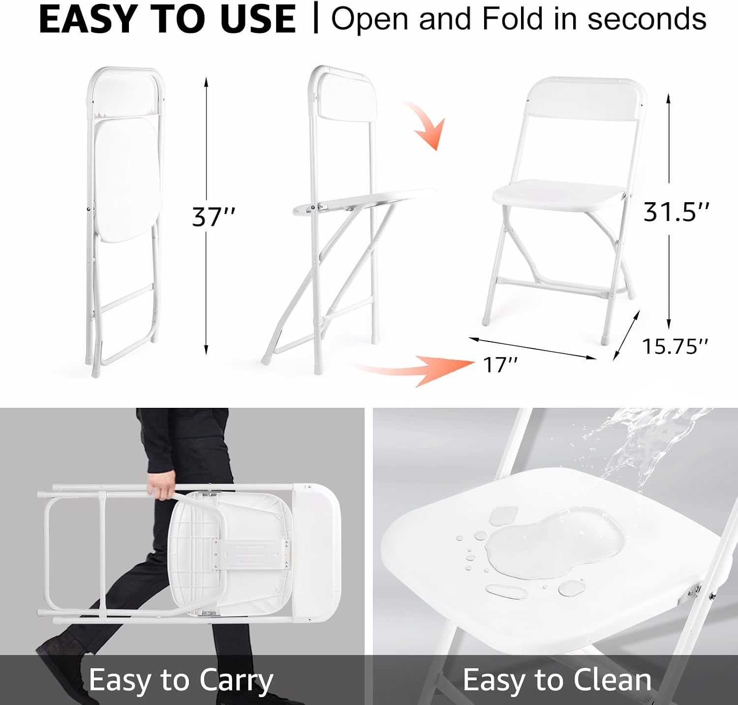 4 Pack White Folding Chairs, Portable Stackable Commercial Foldable Chair,Indoor Outdoor Plastic Folding Chair for Events/Office/Home/Wedding/Party, 400lbs Capacity