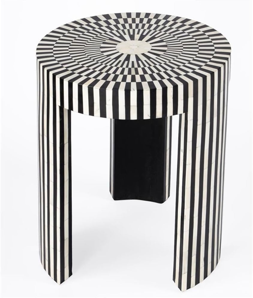 Beaumont Lane Transitional Round Bone Inlay Side Table, Black and White Finish, 18" W x 18" D x 22" H, Engineered Wood Construction, Handcrafted Accent Table for Living Room Decor