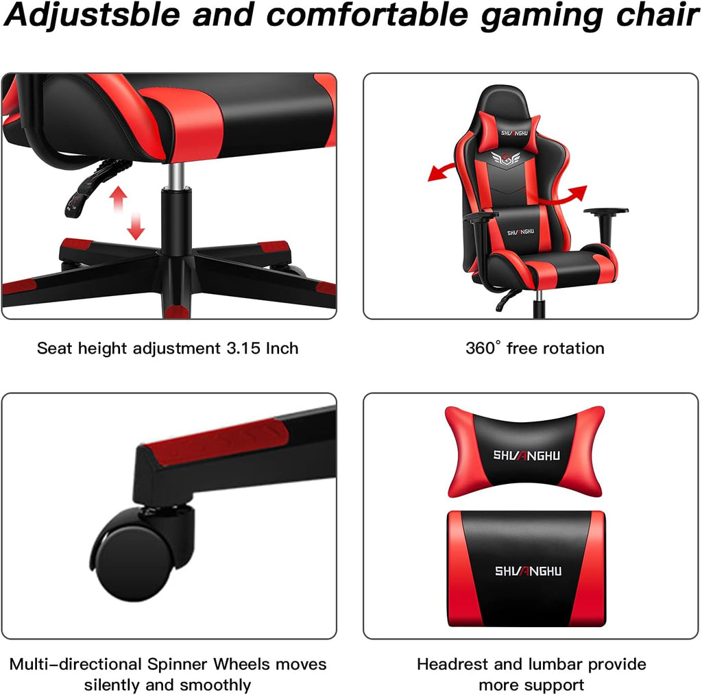Gaming Chair Office Chair Ergonomic PC Computer Chair Reclining Racing Chair with Headrest and Lumbar Support Gaming Chair for Adults Men Women Teens Desk Chair (Black+red)
