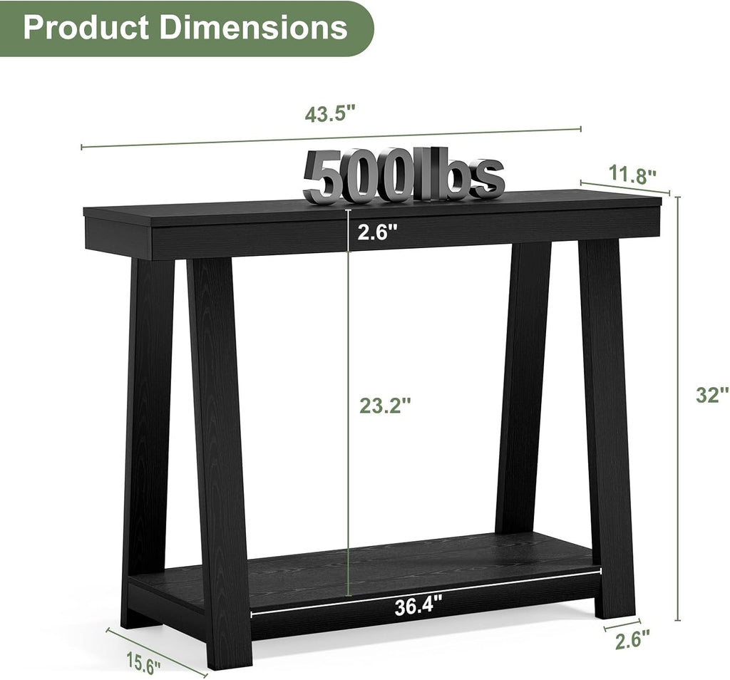 Black Console Table, 43.5 Inch Narrow Black Entryway Table with 2-Tier Storage, 500lbs Heavy Duty Sofa Table Behind Couch, Hallway Entry Table for Small Spaces, Living Room & Foyer