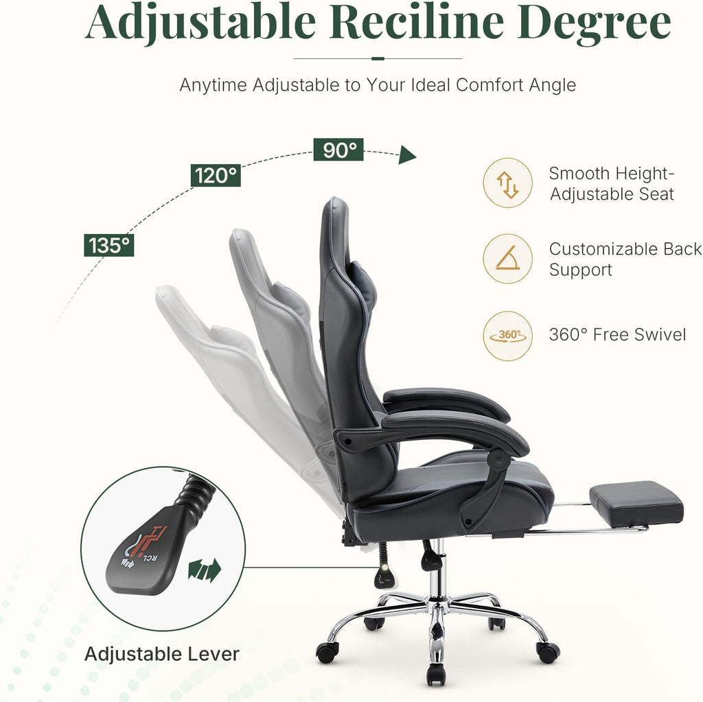 Computer Gaming Chair with Footrest, Ergonomic High Back PU Leather Video Racing Chair with Adjustable Headrest & Linkage Armrest, for Office and Home, Adults, Grey