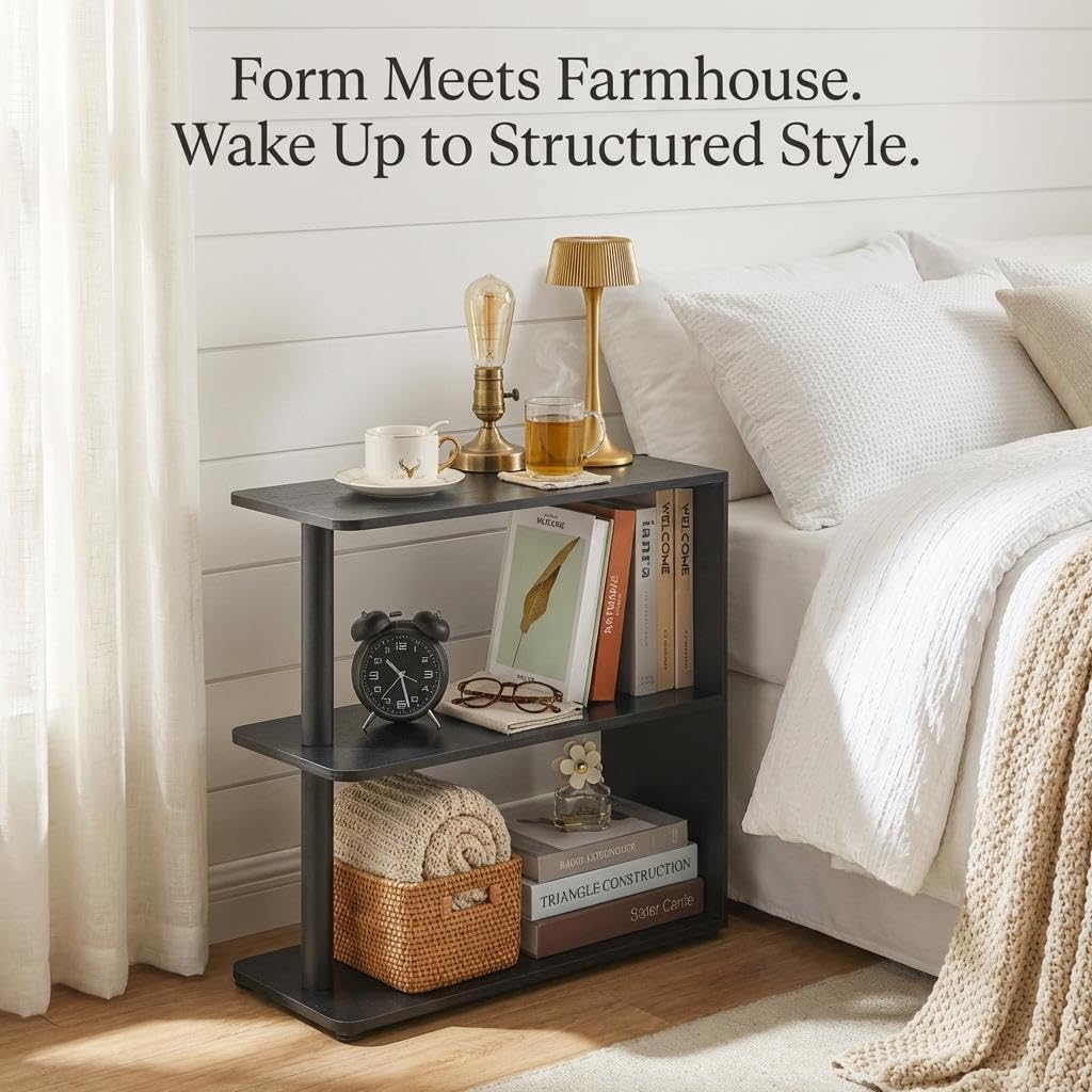 3-Tier Narrow End Table, Industrial Slim Side Table for Small Spaces, Sofa Couch Table Accent Nightstand with Storage Shelves for Living Room, Bedroom, 22.5" L x 10" W x 21.5" H, Black