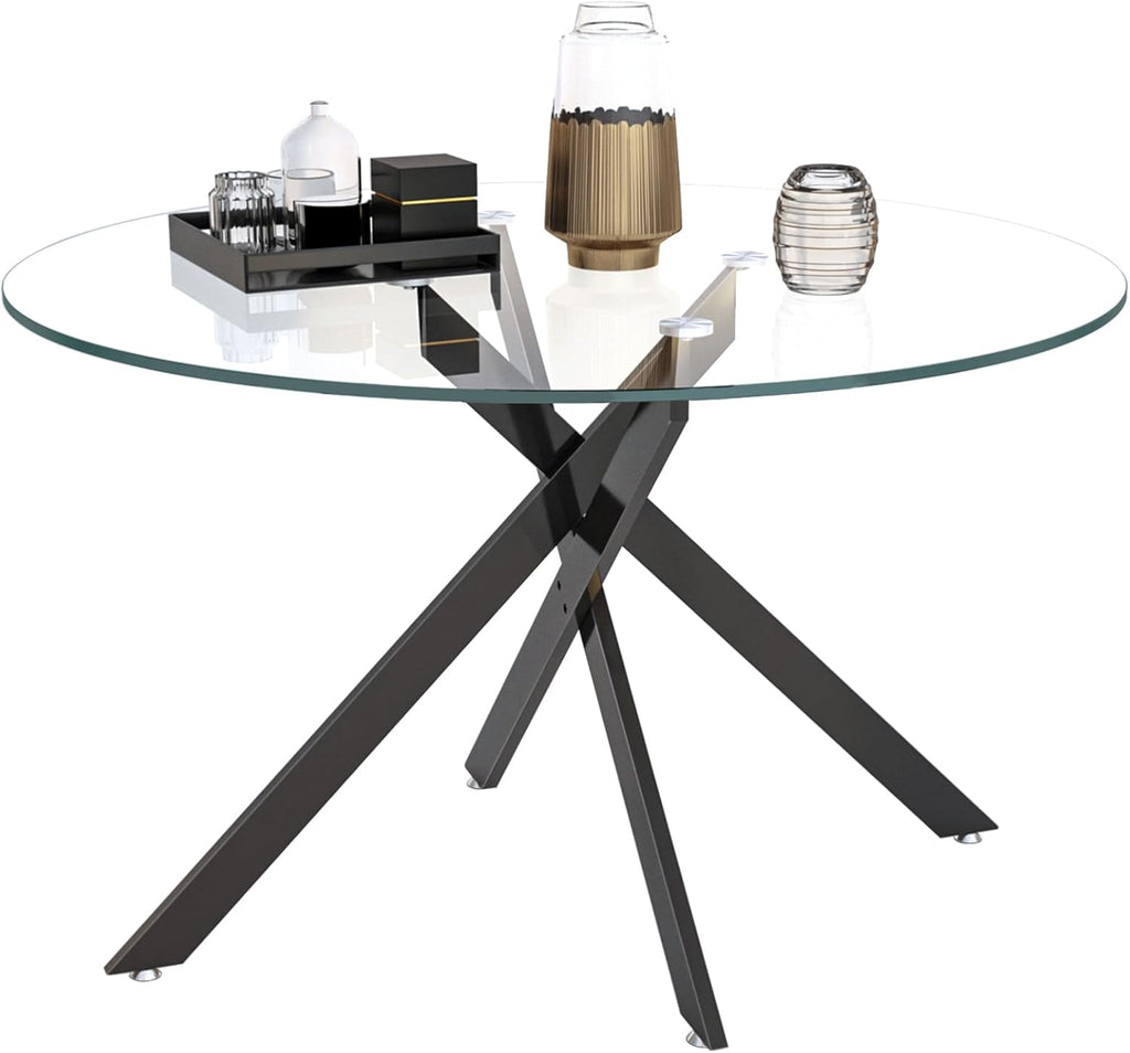 Round Glass Dining Room Table Set for 6, 7-Piece Dining Table Set with 47.2" Circle Black Glass Dinner Table & 6 Grey Velvet Tufted Chairs, Modern Kitchen Table Set for Apartment Home Office