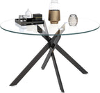 Round Glass Dining Room Table Set for 6, 7-Piece Dining Table Set with 47.2" Circle Black Glass Dinner Table & 6 Grey Velvet Tufted Chairs, Modern Kitchen Table Set for Apartment Home Office