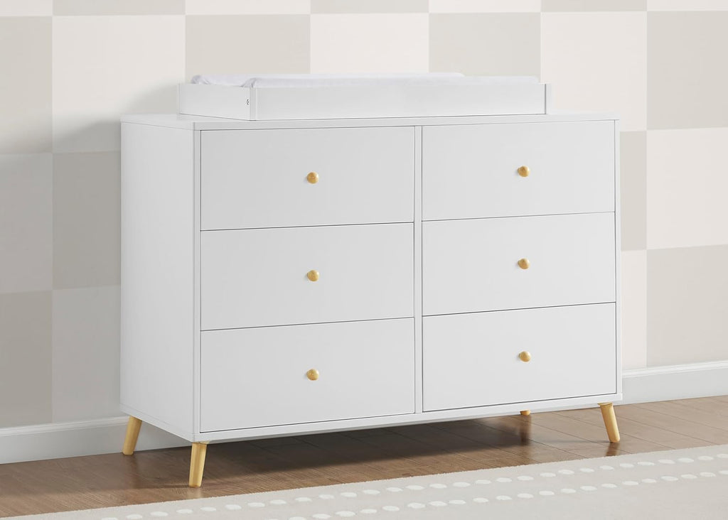 Delta Children Essex Crib 6-Piece Baby Nursery Furniture Set–Includes: Convertible Crib, 6 Drawer Dresser, Changing Top, Crib Mattress, Sheets, & Changing Pad, Bianca White w/Natural