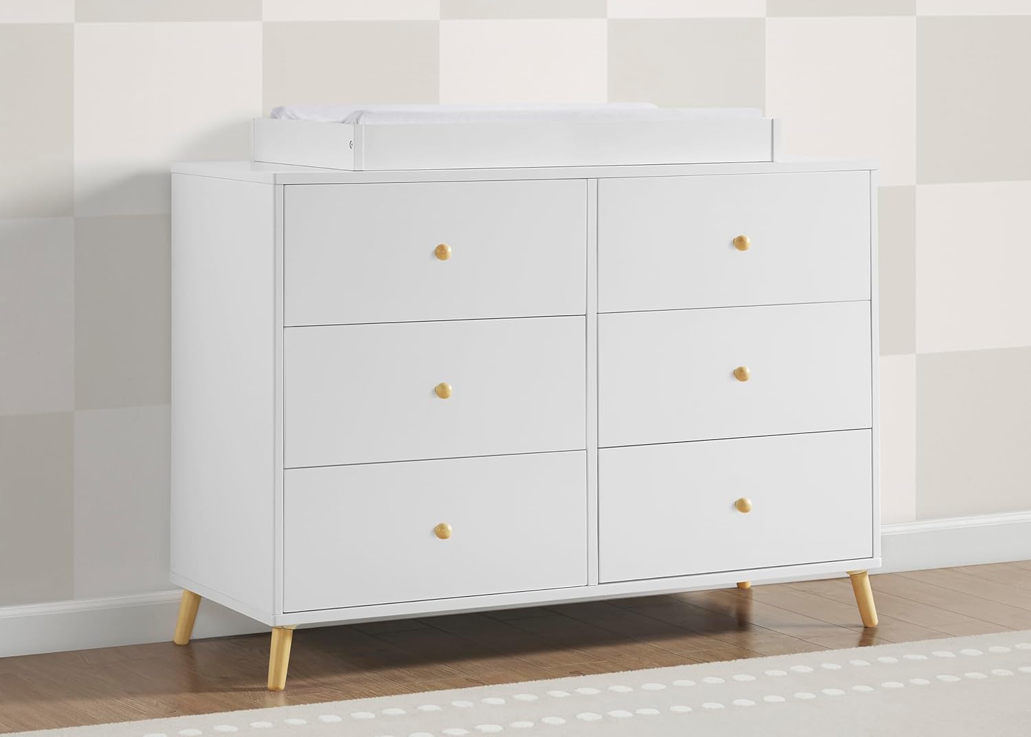 Delta Children Essex Crib 6-Piece Baby Nursery Furniture Set–Includes: Convertible Crib, 6 Drawer Dresser, Changing Top, Crib Mattress, Sheets, & Changing Pad, Bianca White w/Natural