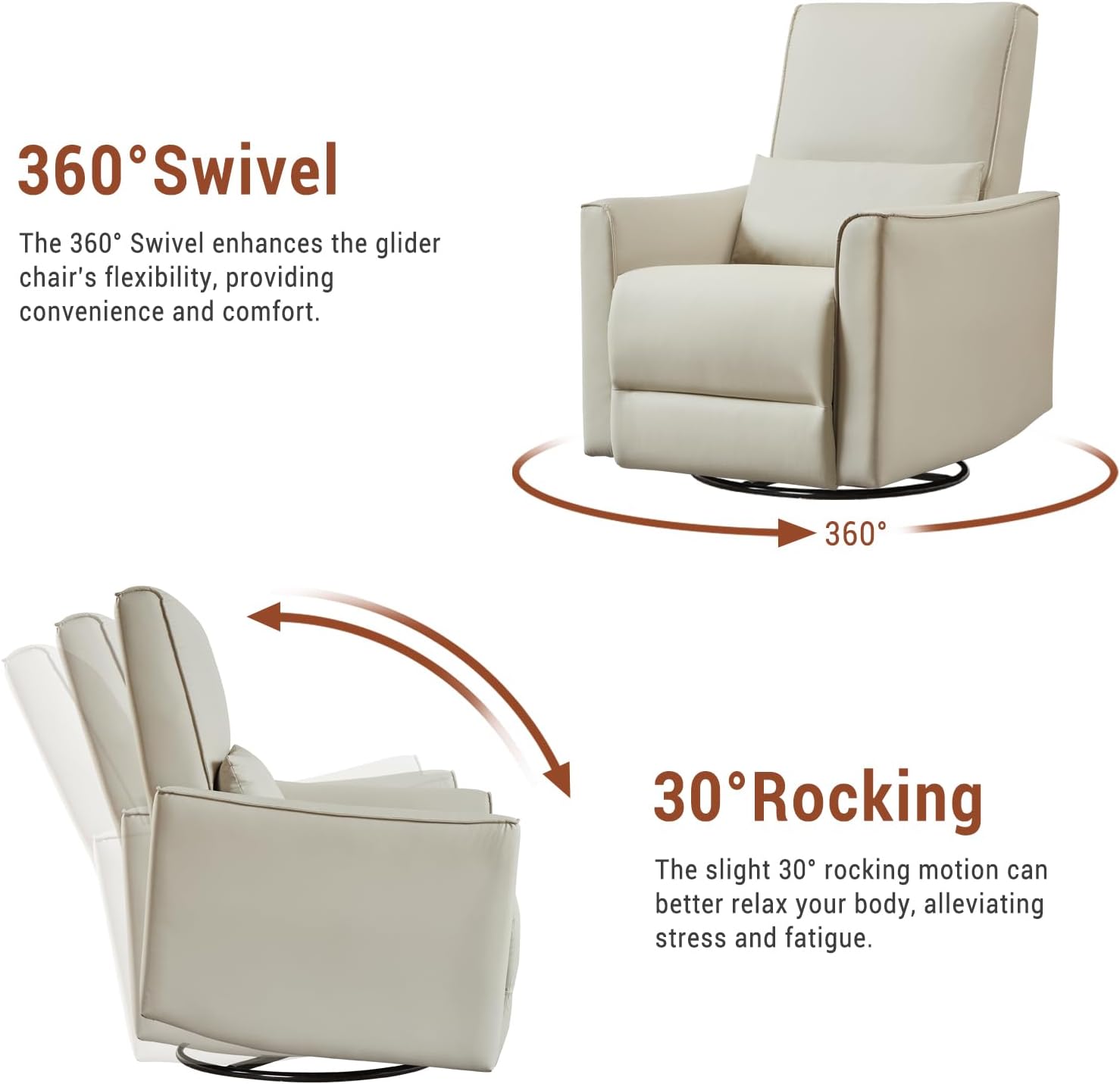 Jojoka Swivel Rocking Recliner Chair, Manual PU Leather Glider Recliner with Lumbar Support, Padded Armrest, High Weight Capacity Single Rocker Sofa for Nursery Living Room Bedroom