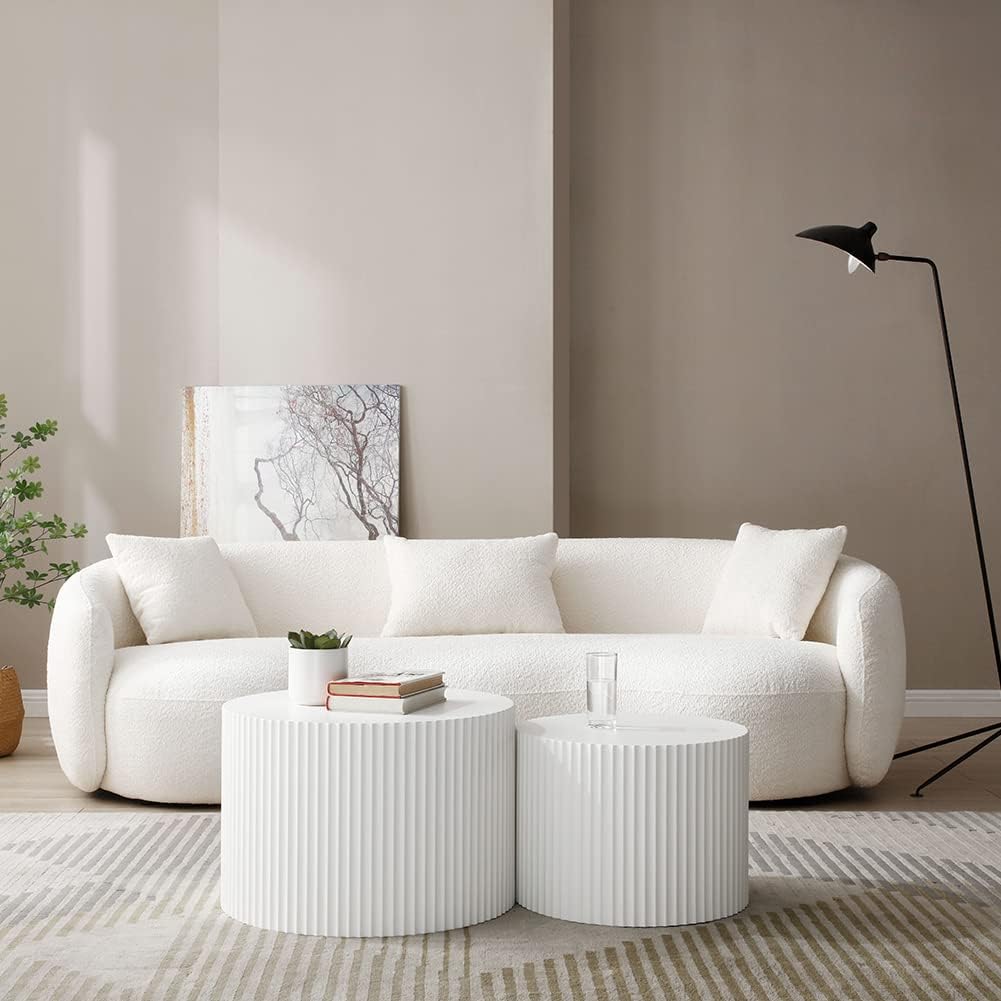 White Round Coffee Table Nesting Coffee Table Set of 2 Contemporary Circle Coffee Table Fluted Side Tables End Table for Living Room Office