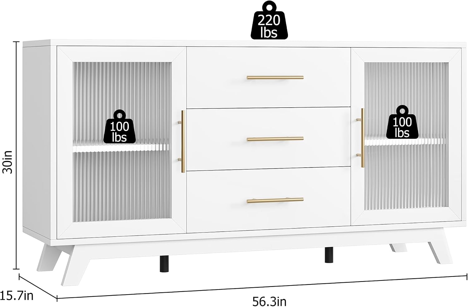 GarveeHome 56 Inch Buffet Cabinet Sideboard with Fluted Glass Doors and Gold Handles, Modern Sideboard Storage Cabinet with Adjustable Shelves, Coffee Bar Table for Kitchen Dining Room Living Room