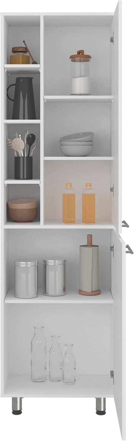 Modern White Kitchen Pantry Cabinet with Open & Closed Shelves – Space-Maximizing Storage for Appliances, Jars & Containers | Durable, Dust-Resistant Design with Ergonomic Access