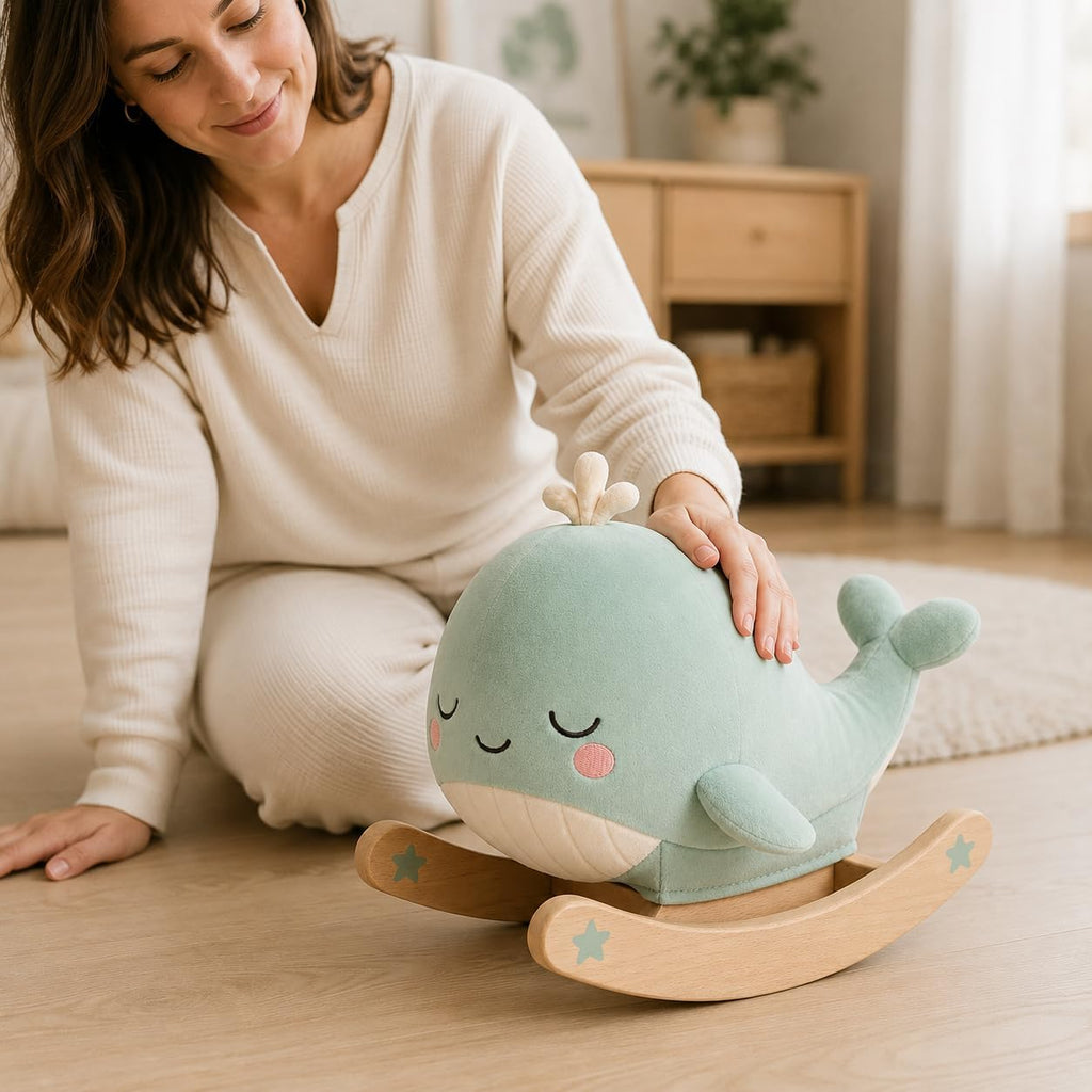 Juju Rocking Whale Soft Velour Rocker – Mint Cushioned Whale on Natural Beechwood Base with Painted Star Accents – Cozy Nursery Decor Accent – Embroidered Sleepy Face Design