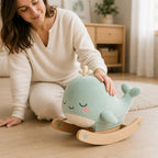 Juju Rocking Whale Soft Velour Rocker – Mint Cushioned Whale on Natural Beechwood Base with Painted Star Accents – Cozy Nursery Decor Accent – Embroidered Sleepy Face Design