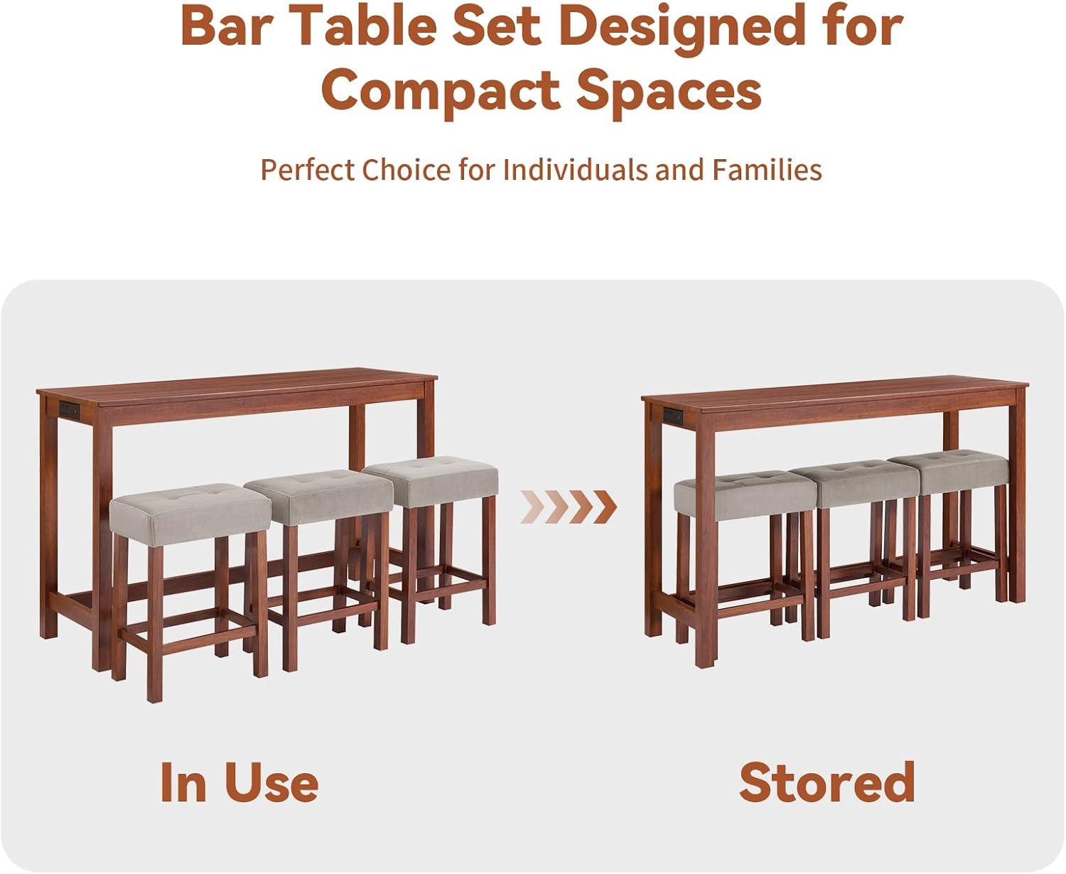 59" Dining Bar Table Set with Power Outlet, Behind Couch Sofa Table with 3 Padded Stools, 4 Piece Bar Table and Chairs Set for Living Room, Dining Room, Cherry