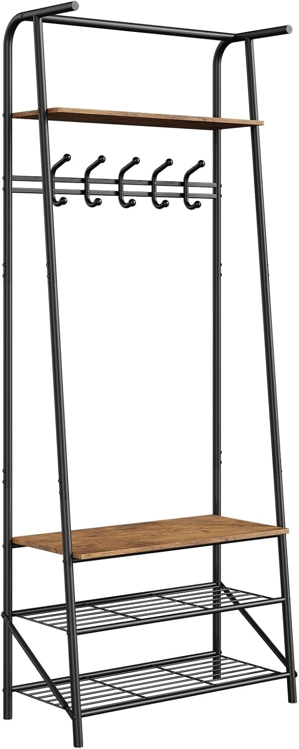 Amyove Hall Trees Entryway Bench with Storage, Multifunctional Hallway Organizer, Wood Look Accent Furniture with Metal Frame (Black, 5 hooks-25.2 in)