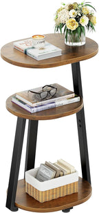 Kalrin Side Table, Small End Table with Metal Frame, 3-Tier Bedside Tables, Round Side Tables for Living Room Bedroom Couch Bathroom, Oval, Vintage Brown