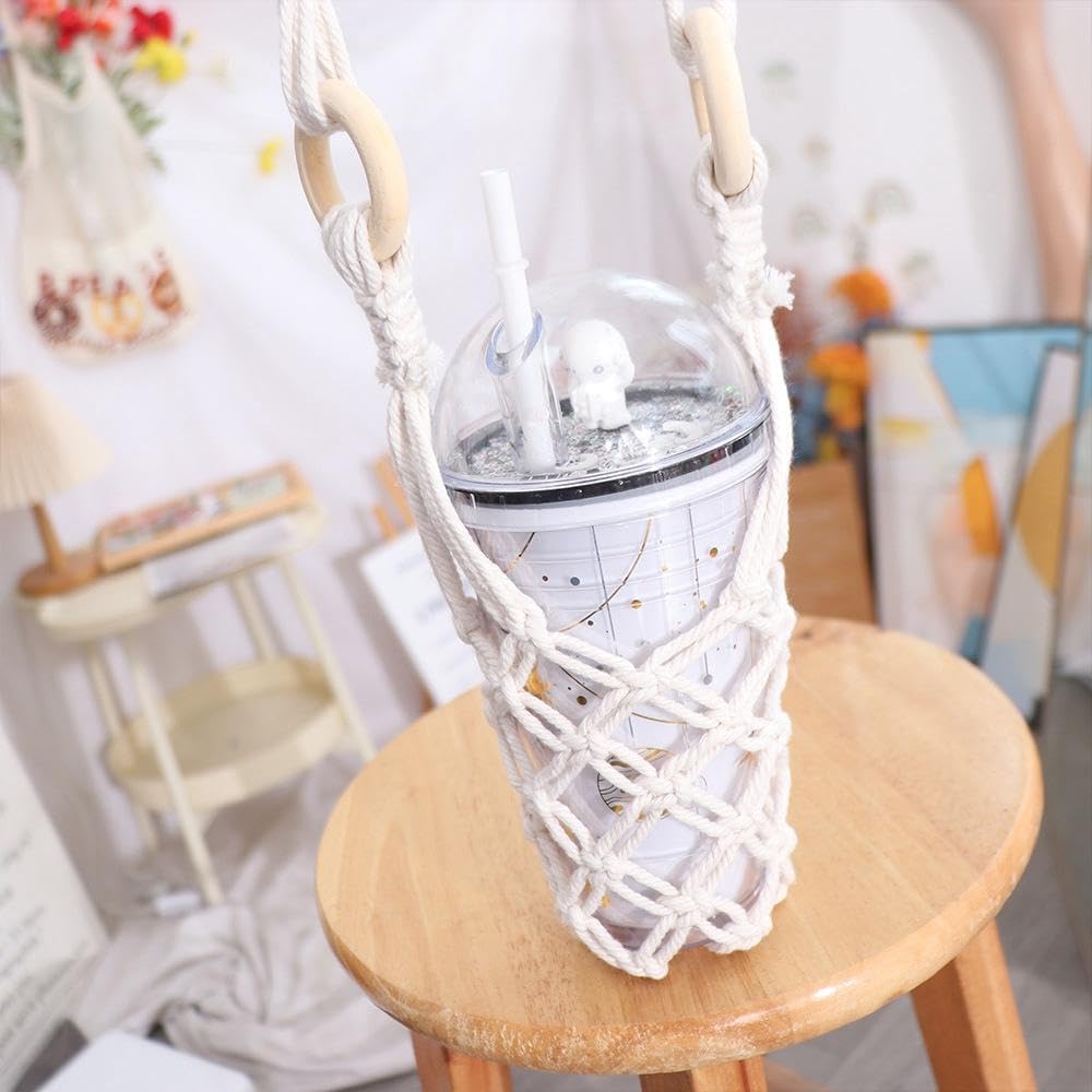 Hanging Water Bottle Net Bag Cotton Carrier with Hooks Portable Storage Holder for Wine Bottles DIY Accessories(white)