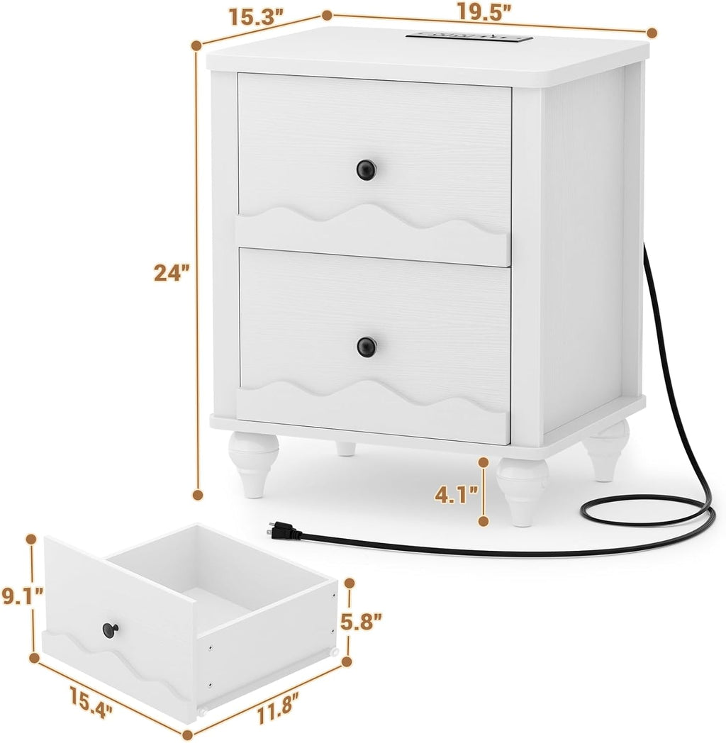 Cyclysio 2 Set End Table with Charging Station, Wood Bedside Table with 2 Drawers, Scalloped Nightstand Set of 2 with Wave Pattern, Bedside Night Tables with Solid Wood Gourd Legs