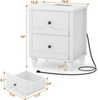 Cyclysio 2 Set End Table with Charging Station, Wood Bedside Table with 2 Drawers, Scalloped Nightstand Set of 2 with Wave Pattern, Bedside Night Tables with Solid Wood Gourd Legs