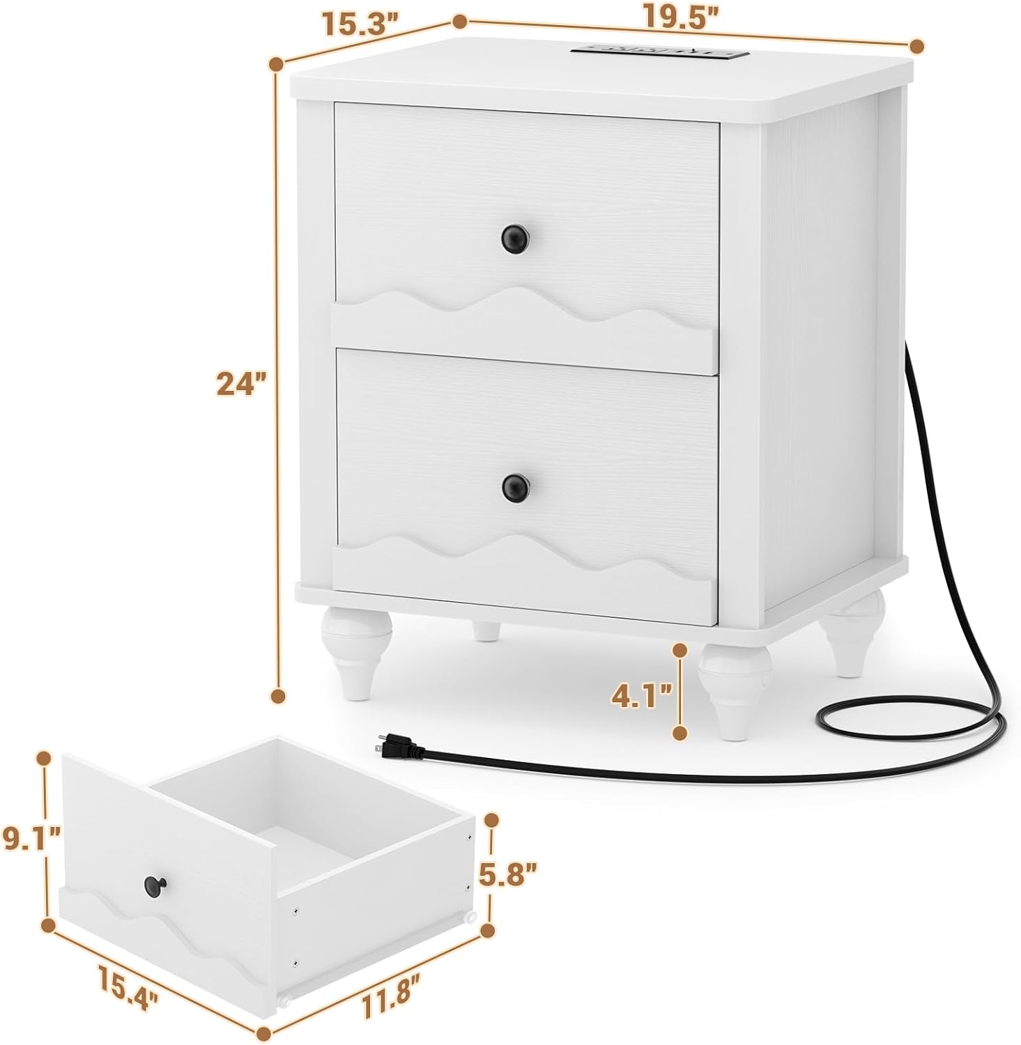 Cyclysio 2 Set End Table with Charging Station, Wood Bedside Table with 2 Drawers, Scalloped Nightstand Set of 2 with Wave Pattern, Bedside Night Tables with Solid Wood Gourd Legs