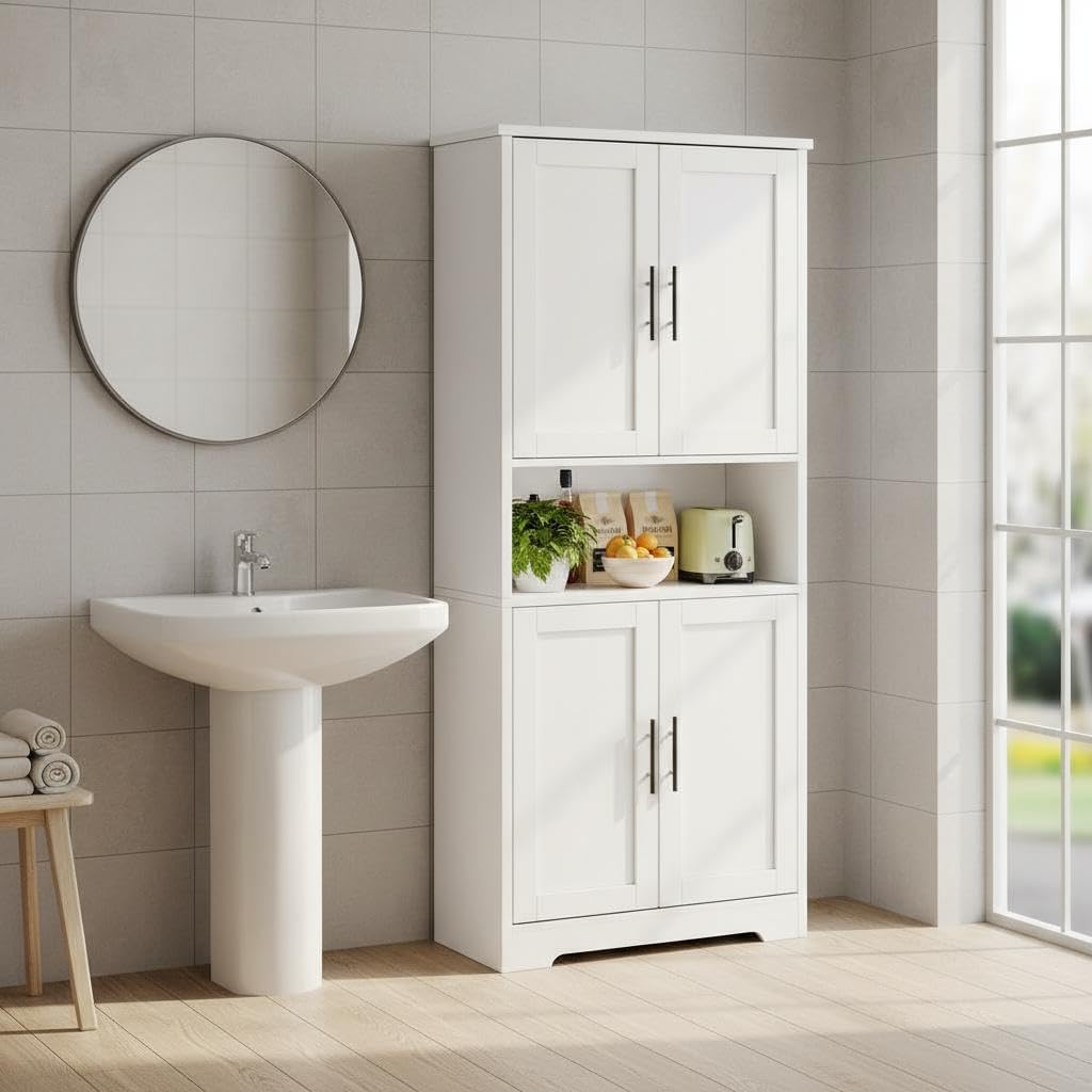 70" Tall Bathroom Storage Cabinet with Doors, Adjustable Shelves and Open Center Storage, Freestanding Bathroom Organizer,White