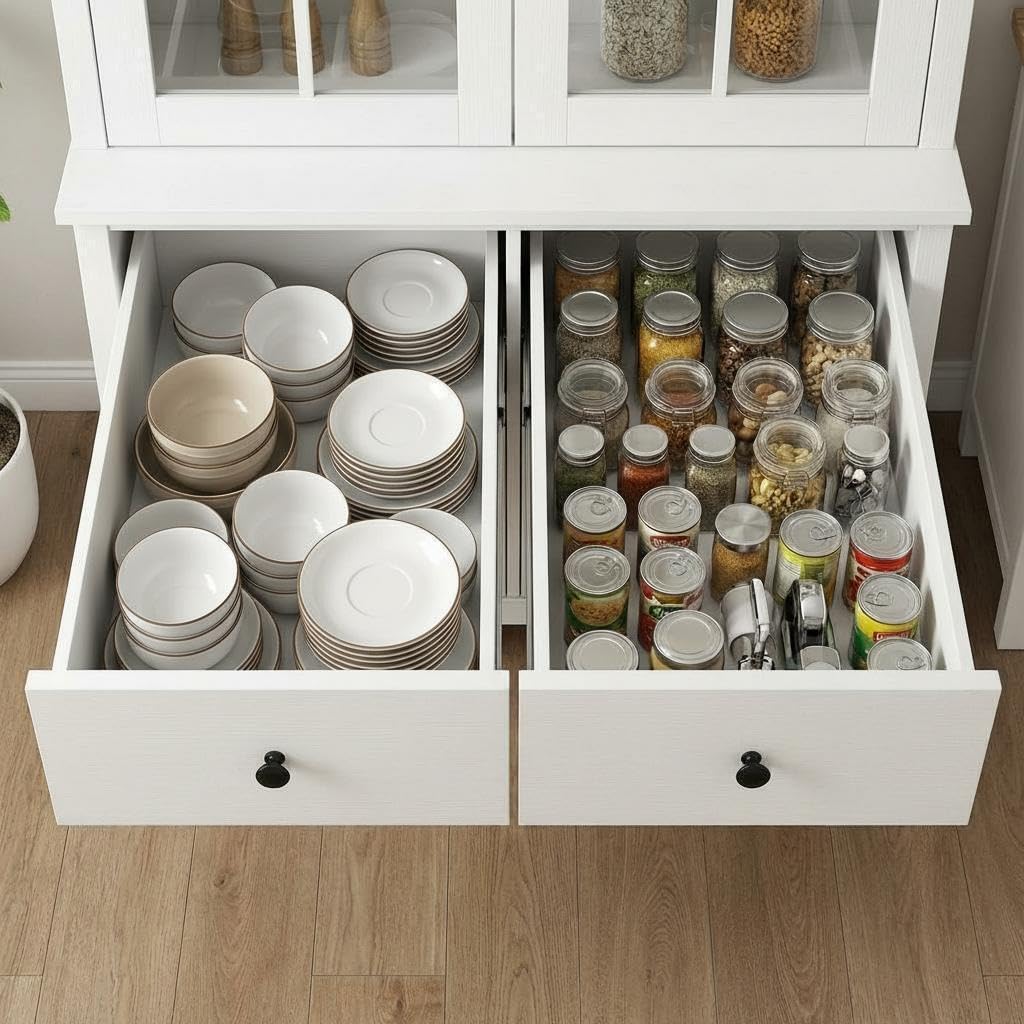 Freestanding Kitchen Pantry Cabinet with Microwave Countertop, Tall Storage Hutch Buffet Cupboard with Adjustable Shelves & Tempered Glass Door, Multifunctional Storage Cabinet for Kitchen Dining Room