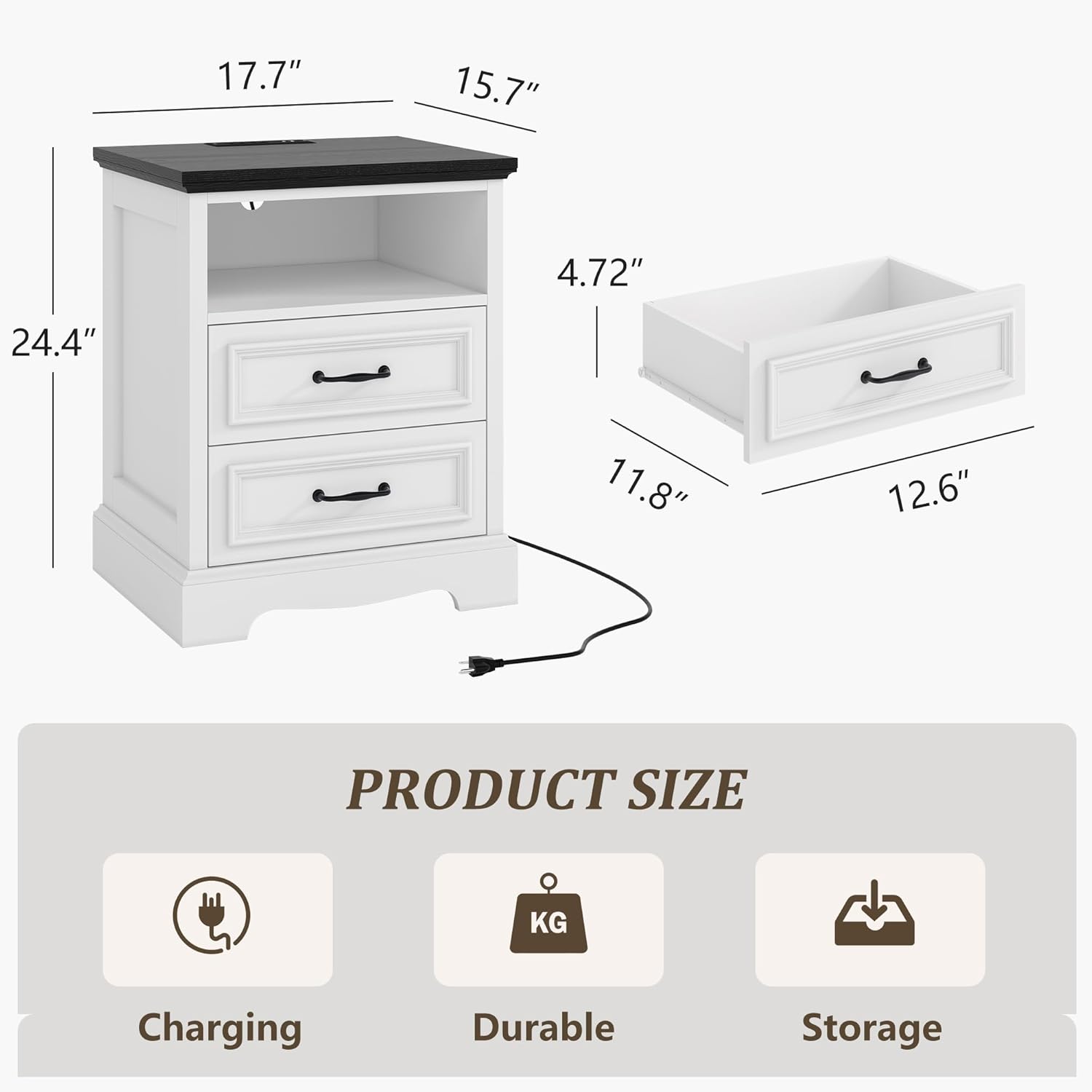 18" Farmhouse Nightstand Set of 2 with Charging Station, White End Table with 2 Drawers Storage, Wood Night Stand Side Table, Modern Bedside Cabinet for Bedroom Living Room, Dresser for Small Place