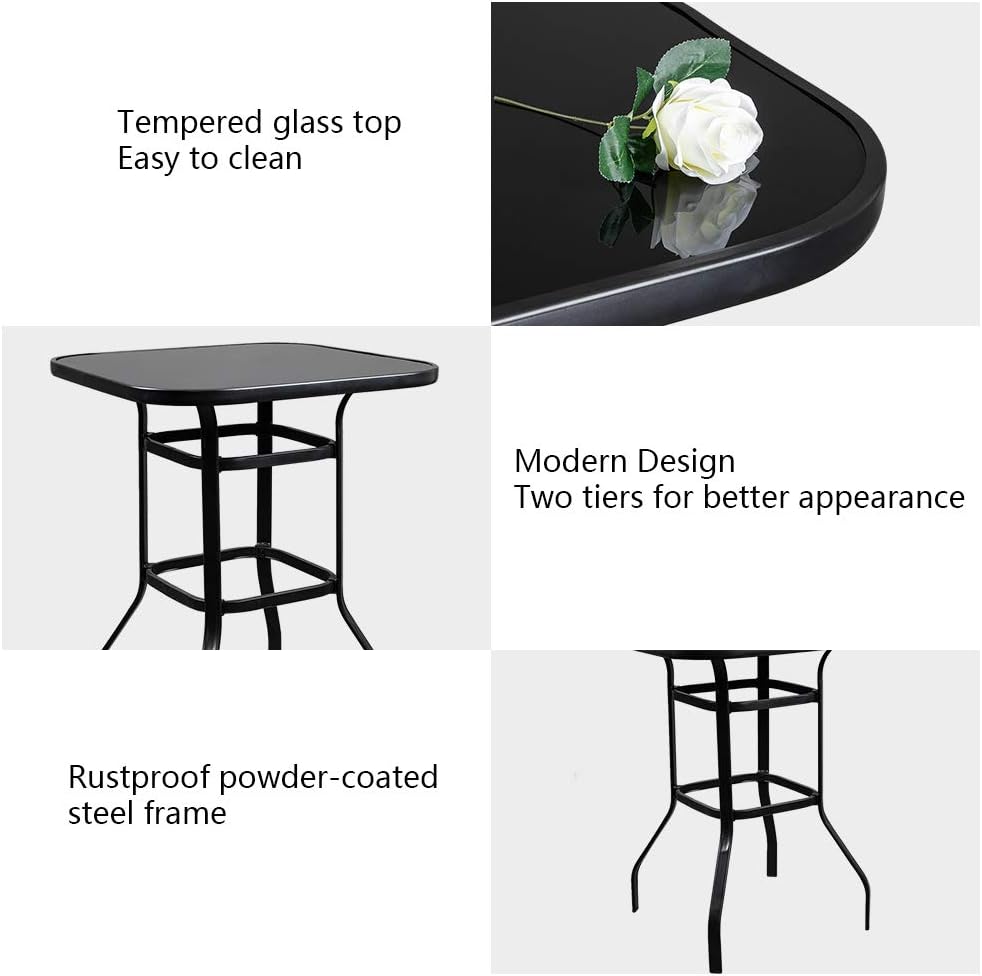 VINGLI 32" Outdoor Patio Bar Height Table, Square Tempered Glass Metal Table for Patio, Backyard, Poolside and Garden (Black)…