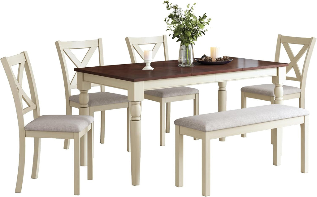 AMERLIFE 6-Piece Farmhouse Dining Table Set for 6-7, 60" Solid Wood Kitchen Table and Chairs, 1 Dining Table, 4 Upholstered Chairs and 1 Bench, Rustic Dining Room Set, Rustic White