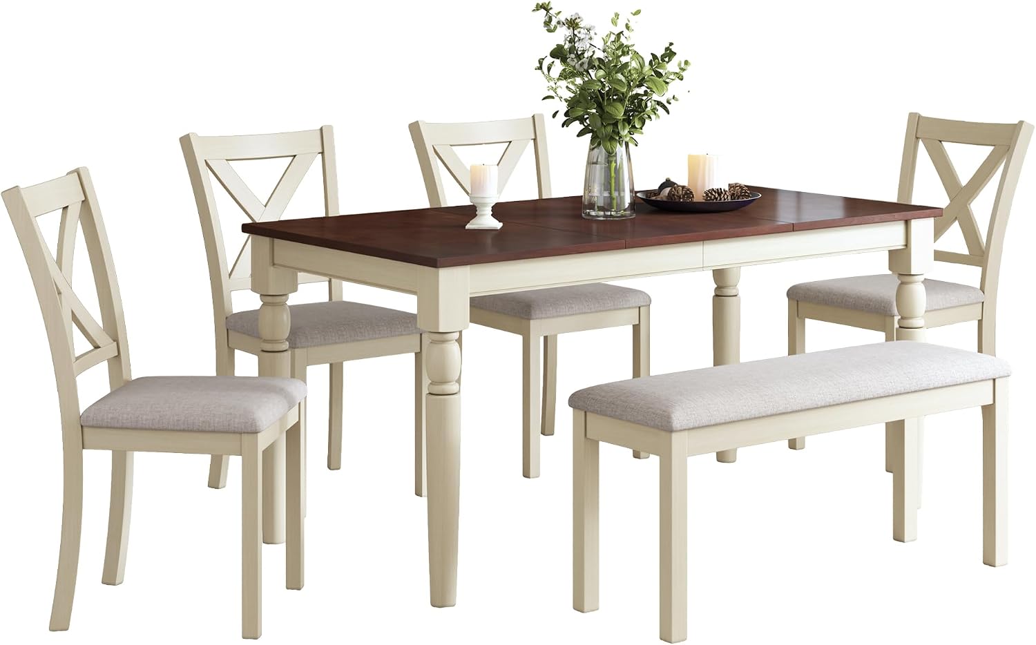 AMERLIFE 6-Piece Farmhouse Dining Table Set for 6-7, 60" Solid Wood Kitchen Table and Chairs, 1 Dining Table, 4 Upholstered Chairs and 1 Bench, Rustic Dining Room Set, Rustic White