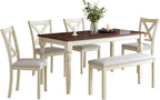 AMERLIFE 6-Piece Farmhouse Dining Table Set for 6-7, 60" Solid Wood Kitchen Table and Chairs, 1 Dining Table, 4 Upholstered Chairs and 1 Bench, Rustic Dining Room Set, Rustic White