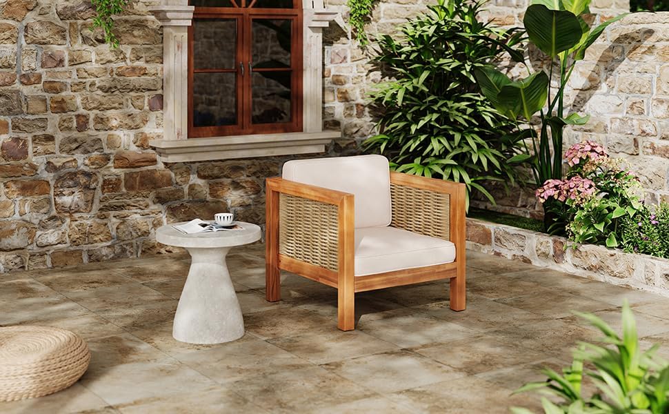 Outdoor Club Chair Set of 2 — Acacia Wood Frame, Wicker Armrests & Beige Cushions, 400 lbs Capacity, for Patio Garden Backyard